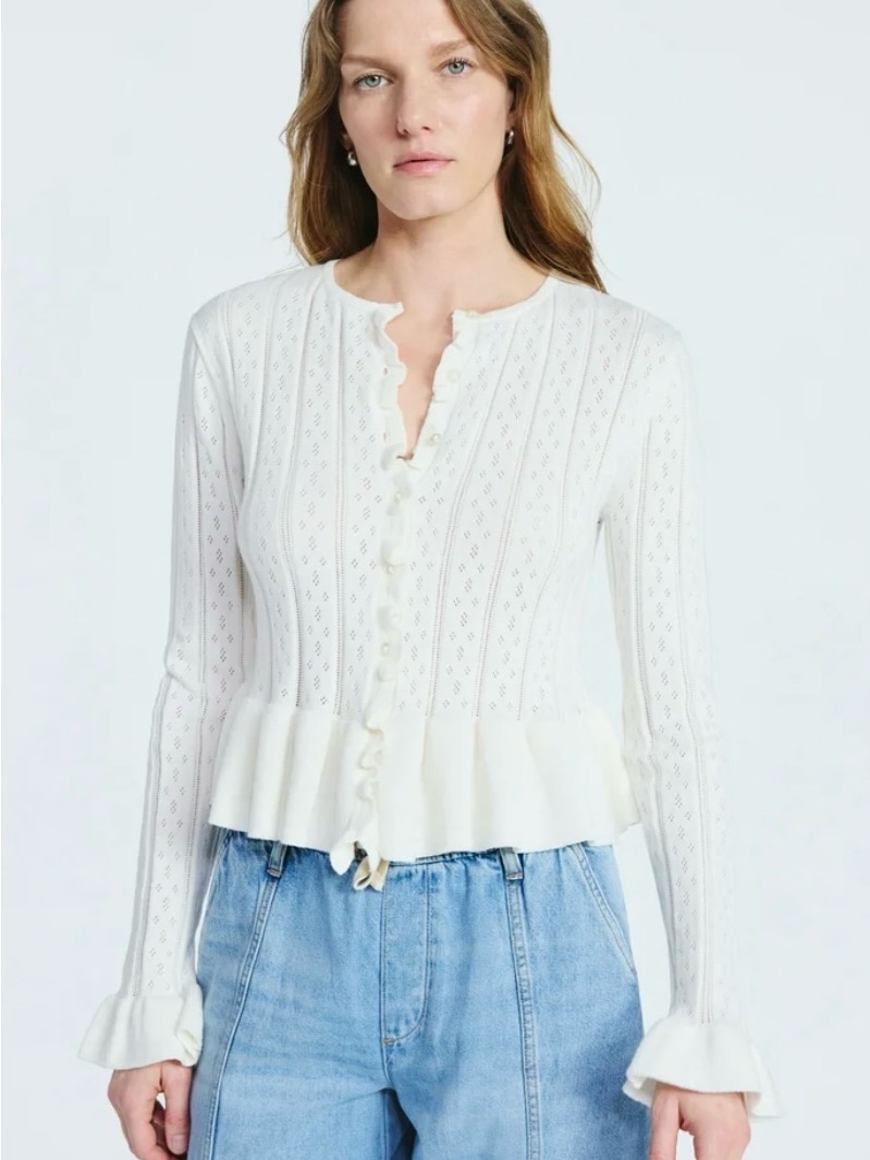 Net Scoop White Ruffle-Trim Knit Cardigan Long Sleeve Top